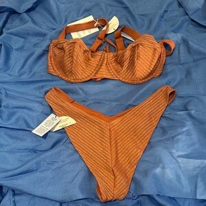 JMP NEW Designer Copper Metallic 2 Piece Bathing Suit Rio Bottom Helena Top Sz M